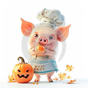 Funny pig in a chefÃ¢â¬â¢s hat with a pumpkin, adding a spooky touch to Halloween kitchen scenes. Delightful 3D illustration photo