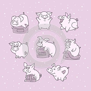 Funny pig in different poses. Cartoon character holding a gift. Emotions of Pets. Happy new year. 2019. Postcard. Vector