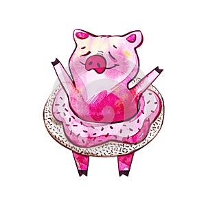 Funny pig. Isolated on white. Cute watercolor illustration. Symbol of the year in the Chinese calendar.