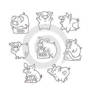 Funny pig painted contours. Set of isolated characters. Sketch for greeting card. Happy new year. 2019. Vector illustration.