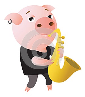 A funny pig plays saxophone. Male