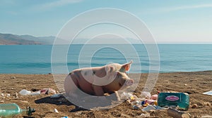 funny Pig resting on the beach, sea view, ocean. Vacation