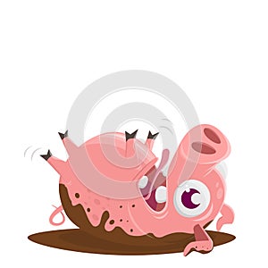 Funny pig rolling in the mud