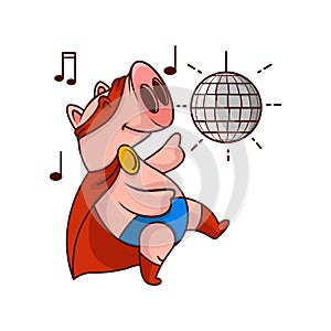 Funny pig superhero in dancing action. Party with disco ball. Humanized animal. Cartoon vector icon