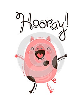 Funny pig yells Hooray. Happy Pink Piglet. Vector illustration in cartoon style photo