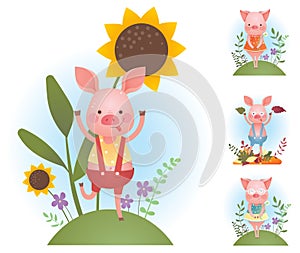 Funny piggy backgrounds set - vector color illustration