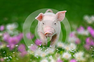 Funny piglet on spring green grass with flowers on a farm