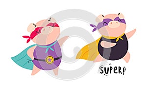 Funny pigs dressed as superheroes set cartoon vector illustration