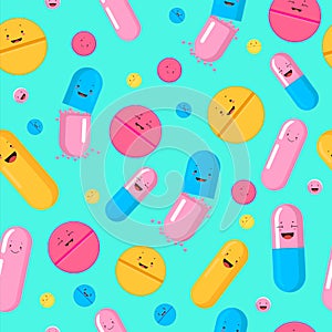 Funny pills seamless pattern. Red yellow cute smiling medicines pink blue antibiotic capsules.