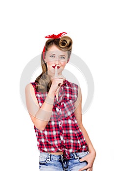 Funny pin-up woman says quiet