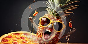 Funny pineapple eating pizza, concept of Comedic fruit consumption