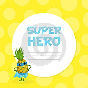 Funny Pineapple Hero in Mask and Cloak Near Lined Round Frame Vector Illustration