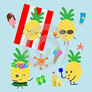 Funny pineapples character for summer banner background