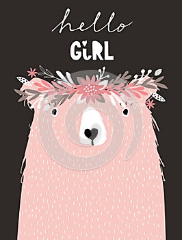 Funny Pink Bear Wearing Floral Wreath. Lovely Nursery Art with Cute Bear Isolated on a Dark Brown Background.