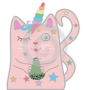 Funny pink cat unicorn closed his eyes and holds a drink in his paws. Concept of miracles and magic.