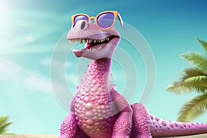 Funny pink dinosaur in sunglasses on the background of the blue sky