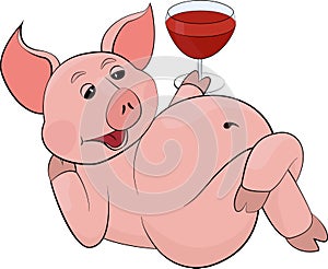 Funny pink drinking lying down, red juice or wine in a glass goblet