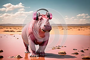Funny pink hippo listening to music with headphones. Funny, cool, humor. Creative and conceptual image. Concept of party, fun, dj