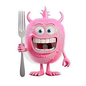 Funny pink monster cartoon character holding cutlery isolated on transparent background