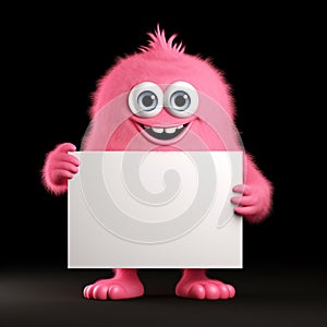 Funny pink monster cartoon character holding sign isolated on transparent background