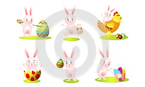 Funny pink rabbits playing and having fun vector illustration