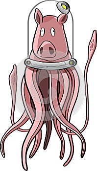 Funny pink squidpig in diving helmet