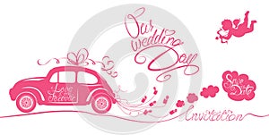 Funny pink wedding card with retro car dragging cans, angel and