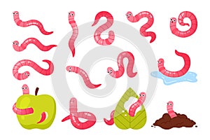 Funny pink worms set, cute happy earthworms characters eat apple or green leaf, crawl