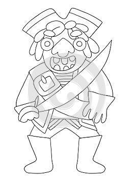 Funny pirate with saber vector coloring page for kids