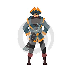 Funny Pirate in Tricorne Hat Standing with Hands on His Hips, Male Buccaneer Cartoon Character Vector Illustration