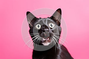 Funny playful cat flying, tabby cat jumping looking at camera on pink background