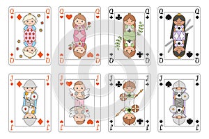 Funny playing cards, set of Queens and Jacks: diamonds, hearts, clubs, spades