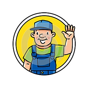 Funny plumber, repairman or worker. Emblem or icon
