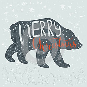 Funny polar bear with quote Merry Christmas on snowy background.