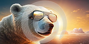 Funny polar bear wearing aviators during stunning sunset