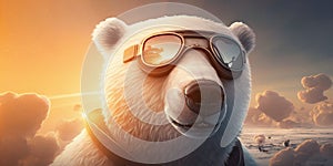 Funny polar bear wearing aviators during stunning sunset