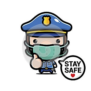 Funny police cartoon characters wearing full police costumes using health masks