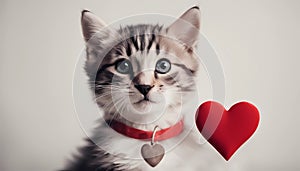 Funny portrait cute puppy tiger holding red heart in mouth isolated on white background, close up