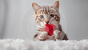 Funny portrait cute puppy tiger holding red heart in mouth isolated on white background, close up