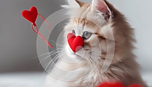 Funny portrait cute puppy tiger holding red heart in mouth isolated on white background, close up