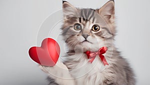 Funny portrait cute puppy tiger holding red heart in mouth isolated on white background, close up