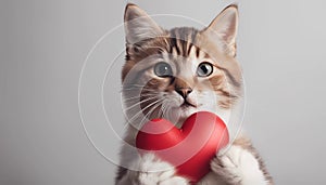 Funny portrait cute puppy tiger holding red heart in mouth isolated on white background, close up