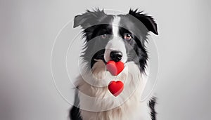 Funny portrait cute puppy tiger holding red heart in mouth isolated on white background, close up