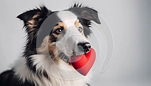 Funny portrait cute puppy tiger holding red heart in mouth isolated on white background, close up