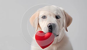 Funny portrait cute puppy tiger holding red heart in mouth isolated on white background, close up