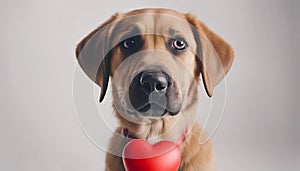 Funny portrait cute puppy tiger holding red heart in mouth isolated on white background, close up