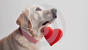 Funny portrait cute puppy tiger holding red heart in mouth isolated on white background, close up