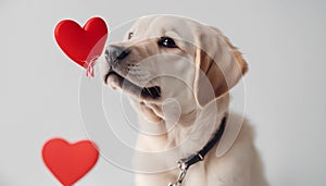 Funny portrait cute puppy tiger holding red heart in mouth isolated on white background, close up