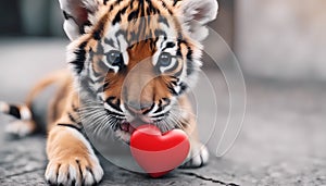 Funny portrait cute puppy tiger holding red heart in mouth isolated on white background, close up