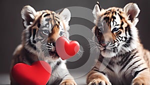 Funny portrait cute puppy tiger holding red heart in mouth isolated on white background, close up